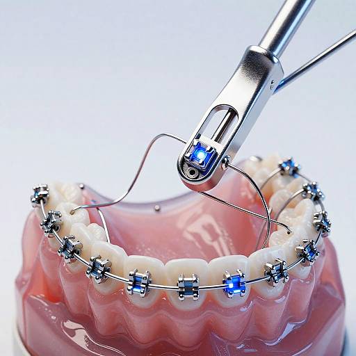Photograph of a dental model with white teeth, silver wire bracketing, and blue LED, being inspected by a metal dental tool.