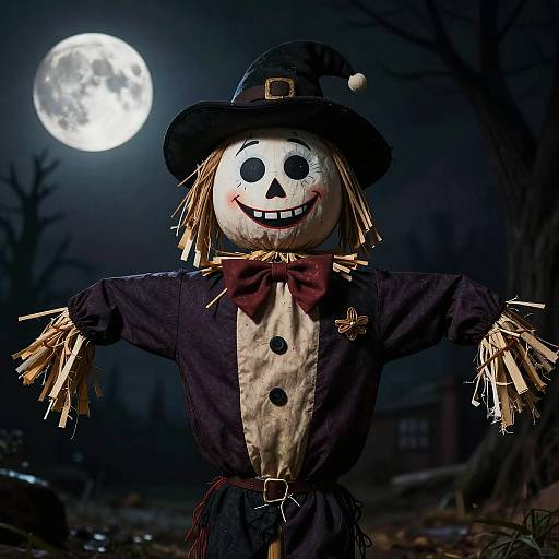 Twisted Grin Scarecrow with Moonlit Gothic Ambiance
