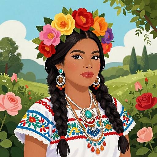 Digital illustration of a Latina woman with dark hair in braids, colorful flower crown, traditional embroidered dress, and vibrant jewelry, set against a sunny,