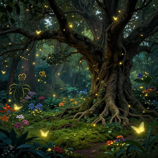 Magical forest scene with a large, twisted tree, glowing fireflies, colorful flowers, and fluttering butterflies in a luminous, enchanted setting.