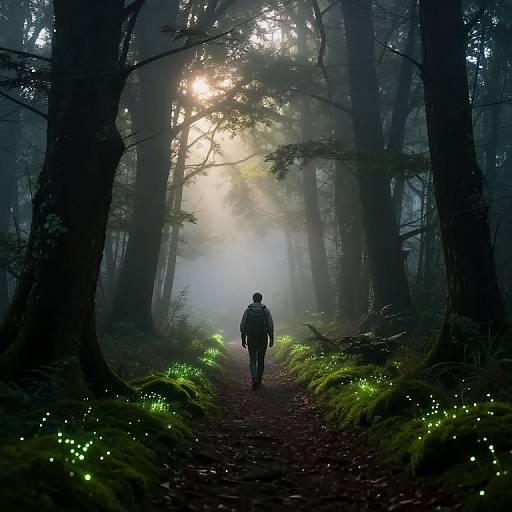 Lone Explorer in Misty Forest Dawn