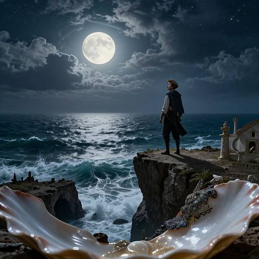 Digital painting of a lone man in a dark coat standing on a cliff at night, gazing at a bright full moon over a turbulent sea, with
