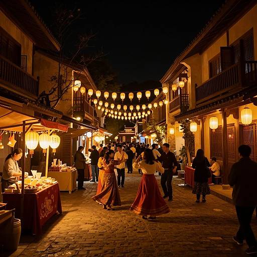 Photograph of a vibrant, nighttime street market with warm lanterns, traditional Asian clothing, and bustling activity under historic, wooden buildings.