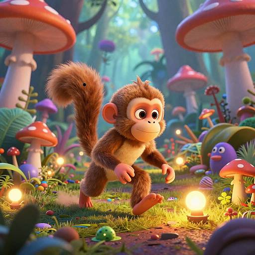 CGI image of a cute, fluffy brown monkey with wide eyes, jumping in a vibrant, enchanted forest with glowing mushrooms and colorful plants.