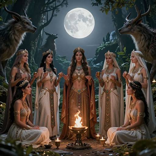 Digital artwork of six women in golden headdresses and white, beaded dresses, standing around a fire under a full moon, flanked by two deer