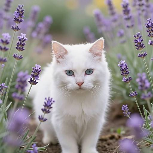 Photograph of a fluffy white cat with bright blue eyes standing in a field of purple lavender flowers, centered and looking directly at the camera.