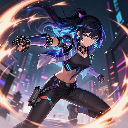 Dynamic Anime Girl in Neon Urban Action