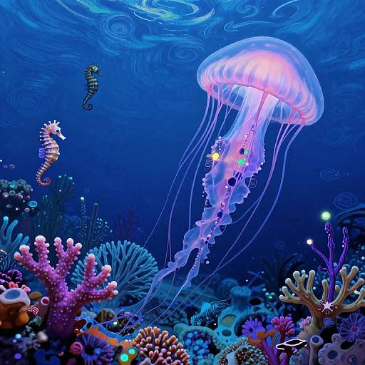 Vibrant underwater scene: glowing jellyfish with purple and blue hues, surrounded by colorful coral, sea anemones, and a seahorse