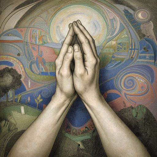 Photograph of hands in prayer position against a vibrant, swirling, abstract, Van Gogh-style background with sun, moon, and colorful landscape.