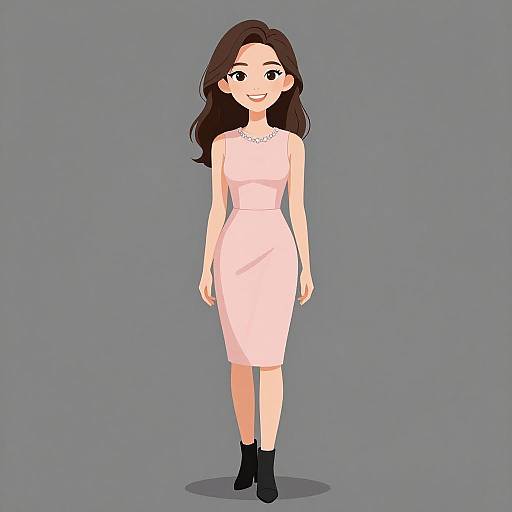 Digital illustration of a smiling woman with long brown hair, wearing a pale pink, knee-length dress and black ankle boots, standing against a plain gray background