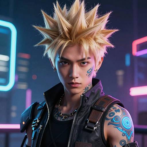 Digital art of a spiky blond-haired anime boy with blue tribal tattoos, wearing a black vest, in a neon-lit city background.