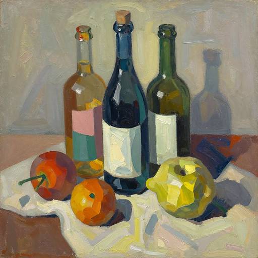 Impressionist-style painting of three bottles, a lemon, two tomatoes, and an orange on a white cloth, with shadowy background.