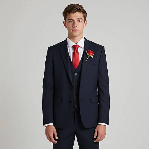 Photograph of a young white man with short brown hair, wearing a black suit, white shirt, red tie, and red rose boutonnière
