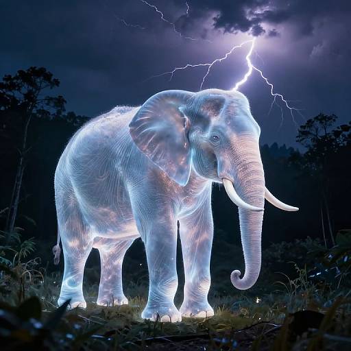 Digital artwork of a glowing, translucent elephant illuminated by lightning in a dark, stormy forest, with trees silhouetted in the background.