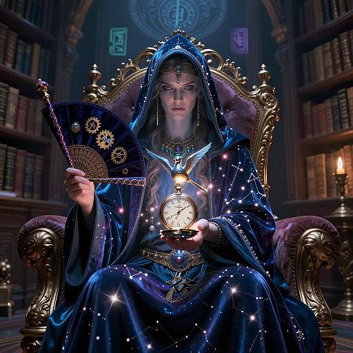Enigmatic Clockwork Mage in Ancient Library