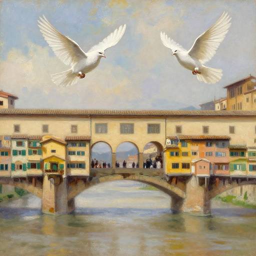 Digital painting of two white doves flying above an arched stone bridge over a river, with colorful buildings on either side.