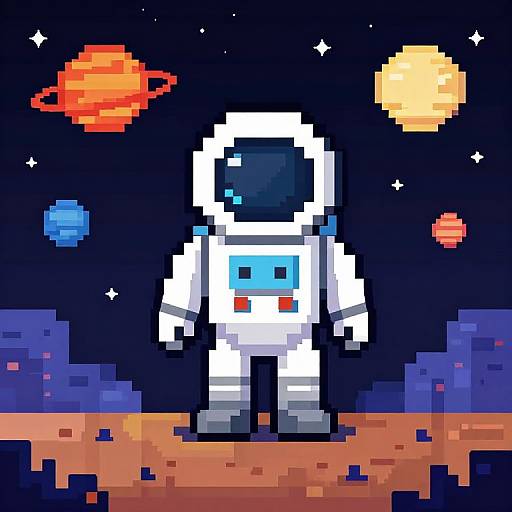 Pixel art of a white astronaut with blue chest patch, standing on a red-orange planet, with colorful planets and stars in the background.