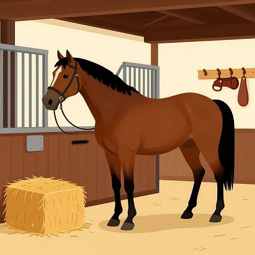 Digital illustration of a brown horse with black mane and tail, standing in a wooden stable with hay bale, bridle, and saddle on the wall