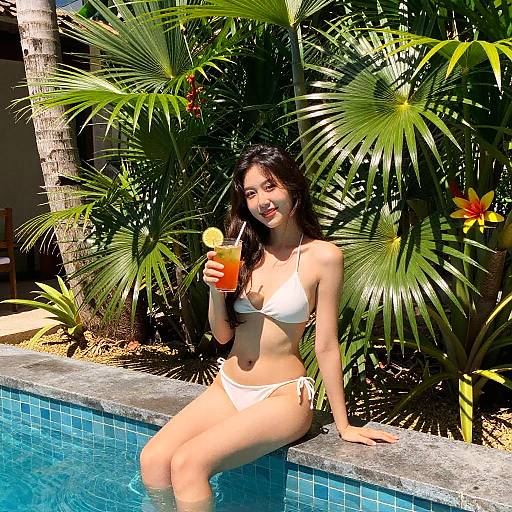 Photograph of a smiling Asian woman in a white bikini, sitting poolside, holding a colorful drink with a lemon slice, surrounded by lush tropical plants