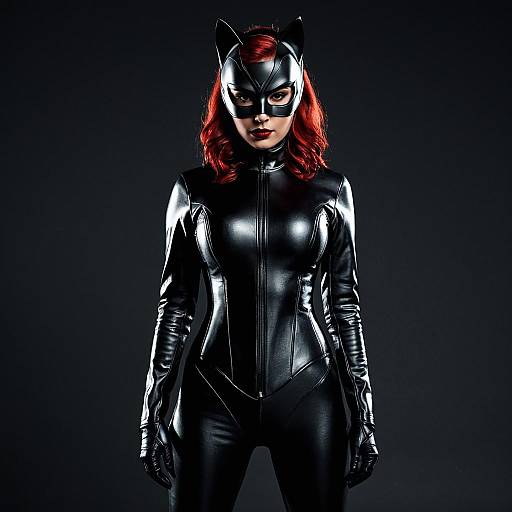 Woman in Black Catwoman Costume with Red Hair