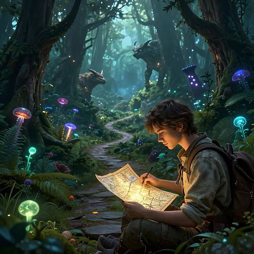Young adventurer with backpack, illuminated map, surrounded by glowing mushrooms in enchanted forest, mythical creatures in background, digital fantasy artwork.