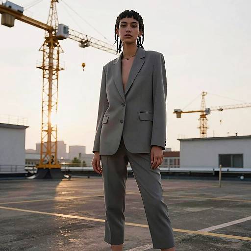 Non-binary model in minimalist suit on industrial rooftop