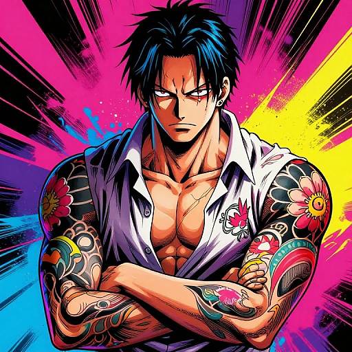 Tattooed, muscular man with intense expression, blue hair, white unbuttoned shirt, crossed arms, vibrant pink, yellow, blue background