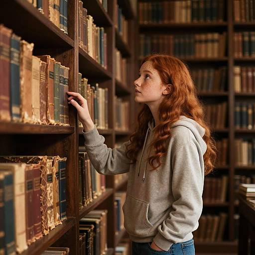 Photograph of a red-haired young woman in a gray hoodie, standing in a dimly lit, wooden bookshelf-filled library, gently touching a book