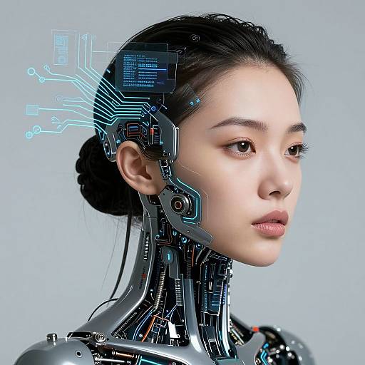 Digital artwork of an Asian woman with cybernetic enhancements, featuring glowing blue circuitry on her head and neck, against a light blue background. She
