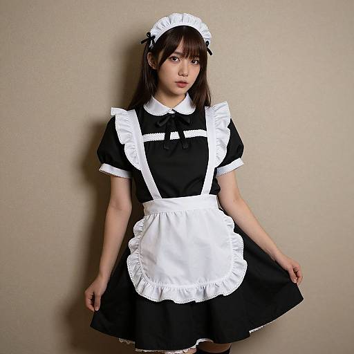 Photograph of an Asian woman with straight black hair, wearing a black and white French maid outfit, standing against a beige wall.