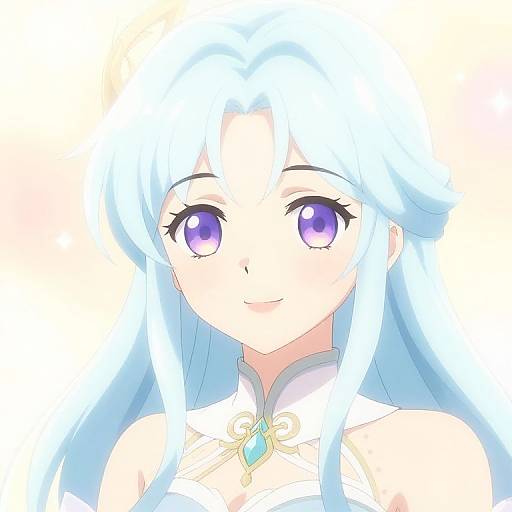 Digital anime-style portrait of a young woman with long, glowing blue hair, large purple eyes, and a white high-collared top adorned with a