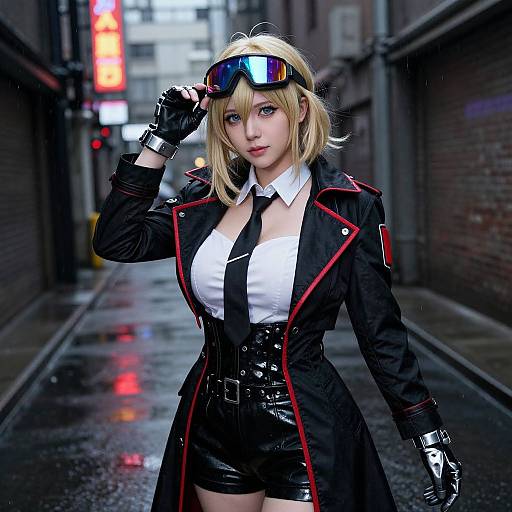 Photorealistic digital art of a blonde woman in black leather coat, white shirt, black tie, shorts, and gloves, adjusting goggles in a rainy
