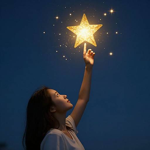 Photograph of a young woman with long dark hair, wearing a white shirt, holding a glowing golden star against a deep blue night sky, sparkling smaller