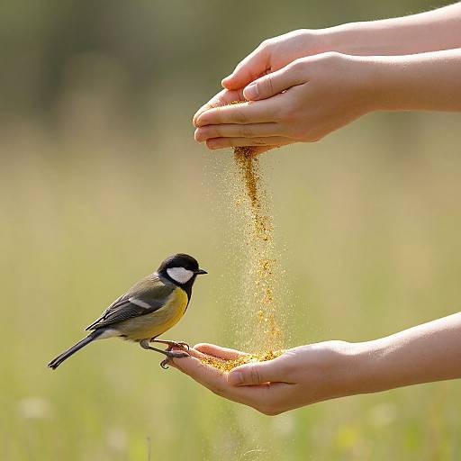 Photograph of hands pouring sunflower seeds into cup, small black-capped chickadee perched below, background of green blurred grass.