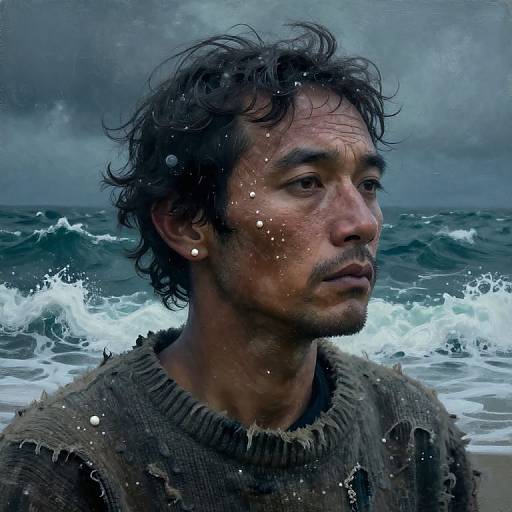 Photorealistic digital portrait of a weathered, middle-aged man with curly black hair, wearing a tattered sweater, standing at a turbulent ocean shore