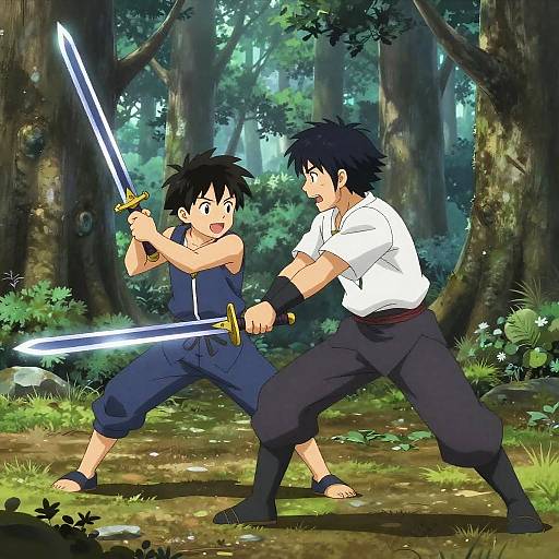 Anime Father and Son Sword Training in Forest
