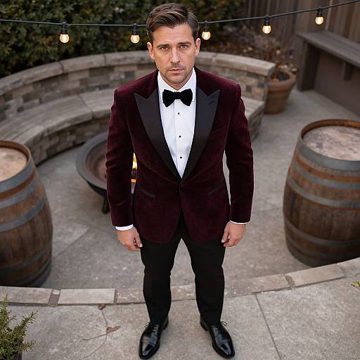 Photograph of a handsome Caucasian man with short brown hair in a dark burgundy velvet tuxedo, black bow tie, standing outdoors by a curved
