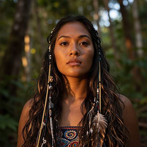 Photograph of a young Asian woman with long, wavy black hair adorned with beads and feathers, wearing a colorful beaded top, standing in a