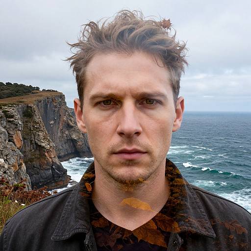 Photograph of a serious, Caucasian man with tousled brown hair, standing on a rocky cliff overlooking a turbulent ocean and cloudy sky.