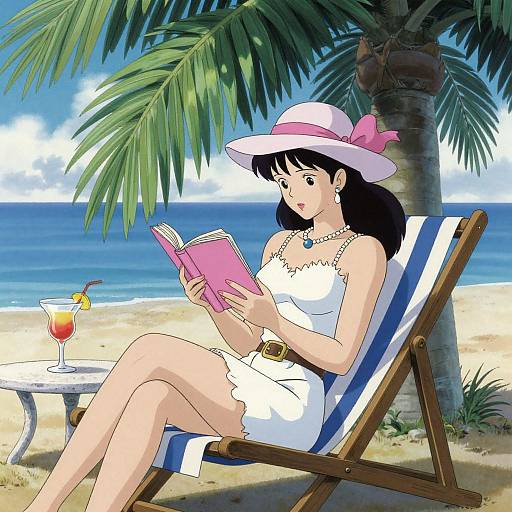 Digital anime-style drawing of a woman in a white sundress and pink hat, reading a pink book under a palm tree on a beach, with a