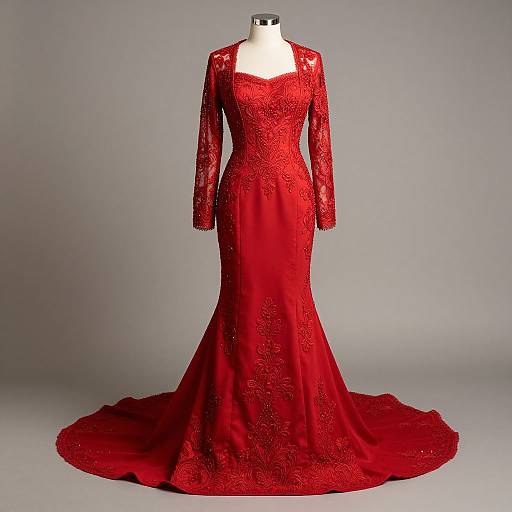 Photograph of a red, lace-embellished, long-sleeve, form-fitting gown with a flared skirt and small train,