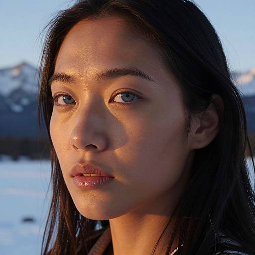 Close-up photograph of an Asian woman with long dark hair, blue eyes, and glowing skin, illuminated by sunset light in a snowy mountain landscape.