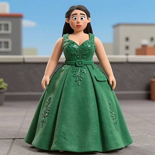 Digital illustration of a black-haired woman in a green, lace-embellished, sleeveless gown with a belted waist, standing on a rooftop