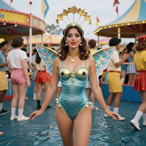 Photograph of a woman in a blue, gold-embellished, winged bodysuit, wearing a gold headpiece, at a colorful