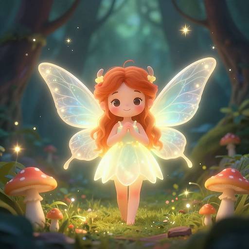 Digital illustration of a cute, glowing fairy with red hair, translucent wings, and a radiant dress, standing in a mystical forest with glowing mushrooms and twink