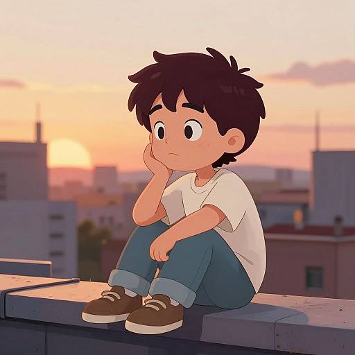 Digital anime-style drawing of a young boy with dark hair, white shirt, blue jeans, and brown shoes, sitting pensively on a rooftop at sunset