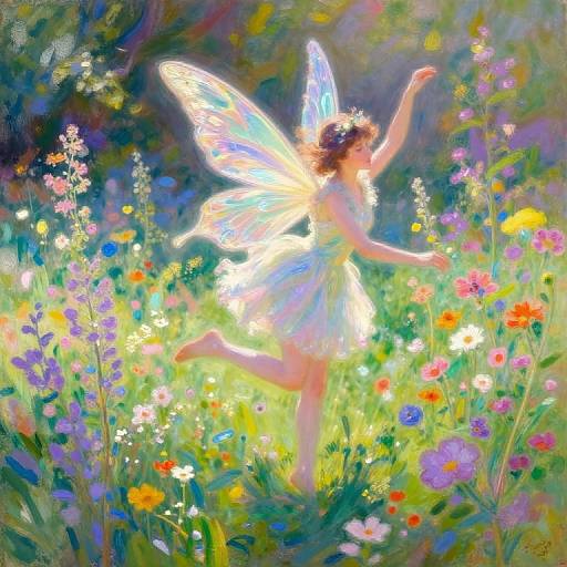 Digital painting of a radiant fairy with translucent wings dancing in a vibrant, sunlit meadow filled with colorful flowers and lush greenery.