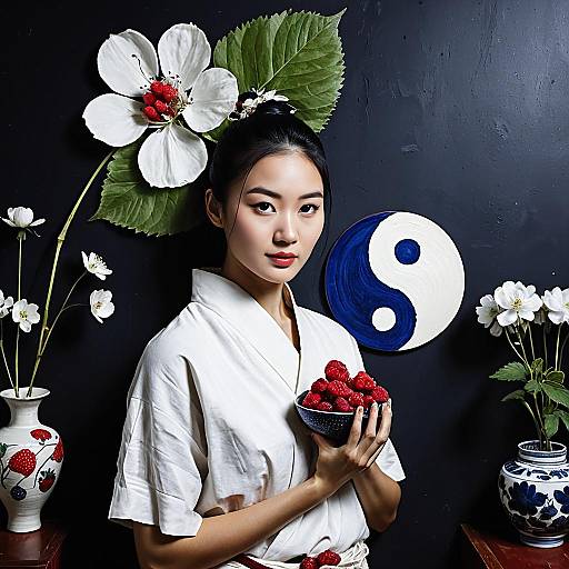 Asian Woman Holding Bowl of Raspberries with Yin Yang Art