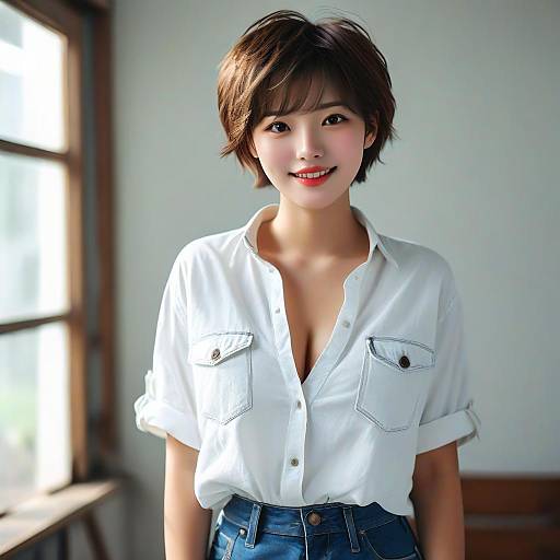 Photograph of a smiling Asian woman with short brown hair, wearing a white button-up shirt with pockets and blue jeans, standing in a sunlit room