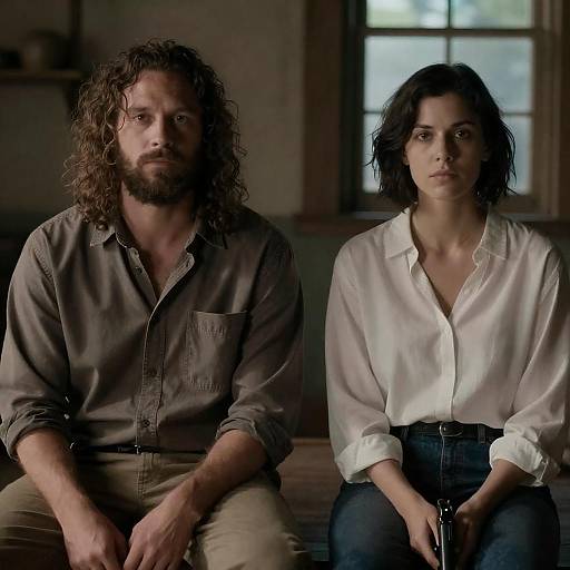 Dim Rustic Scene: Couple, Woman With Gun